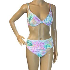 Tahiti High Waisted Bikini Set Size M Neon Tropical Print Disco Beach Party
